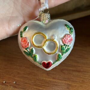 Old World Christmas Hand Blown Heart Wedding Rings Ornament Bridal Collection